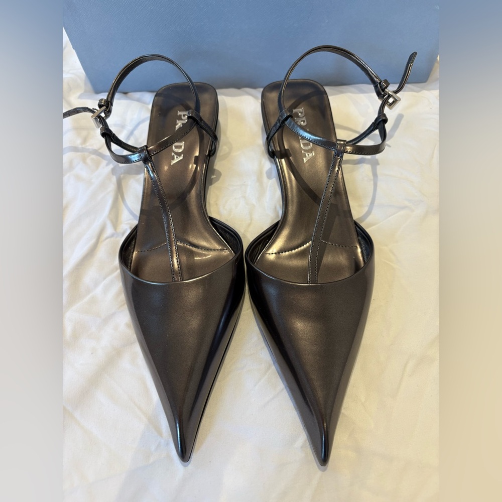 Prada kitten heels metallic gray never worn
